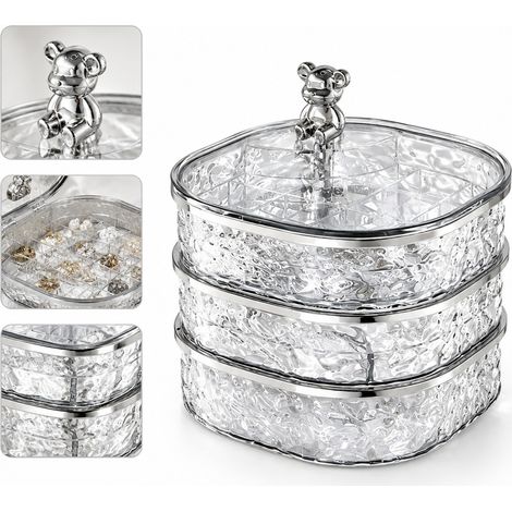 Set de 2 Pieces Boite a Bijoux en Plastique avec Petit Ours 14,4 x 14,4 x 15,7 cm 0,6 kg Couleurs Melangees Transparent pour Coiffeuse et Bureau (1/5)
