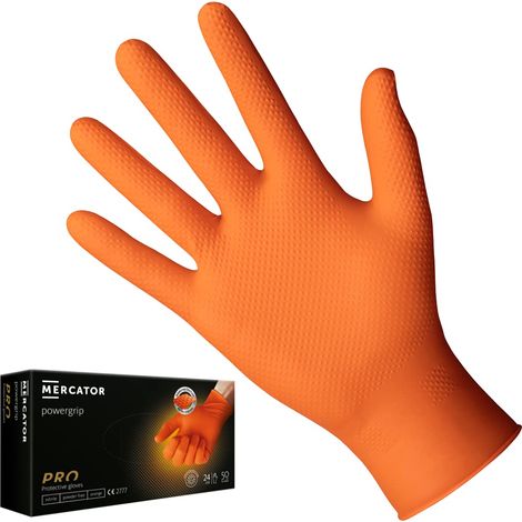 Gants nitrile orange POWERGRIP, taille : XXL - 50 pieces, Gants jetables, de protection, non poudrés, sans latex, gants nitrile d'épaisseur 3 x plus grande, texture diamant (1/5)