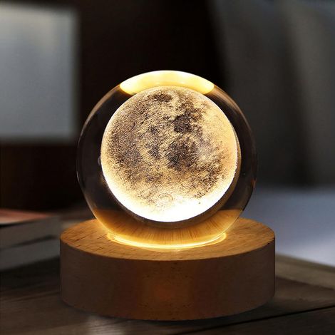 Lampe de nuit Boule de Cristal 3D Galaxie Spatiale - Veilleuse LED Système Solaire avec Base en Bois