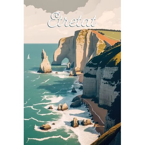 Tableau sur toile illustration falaise Etretat 30x45 cm - Impression sur Toile Murale Décorative - Image imprimée en HD sur Toile - Toile sur Châssis en Bois FSC - Fabriqué en France (1/5)