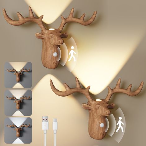 ROSNEK Lot de 2 appliques murales LED à détecteur de mouvement, rechargeables 1200 mAh, magnétiques, 3 CCT, effet bois (1/5)