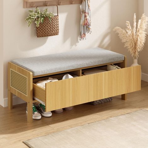 Banco de almacenamiento zapatero para recibidor 113x40x45.5cm con asiento acolchado gris y 2 cajones de ratán bambú y mdf - natural