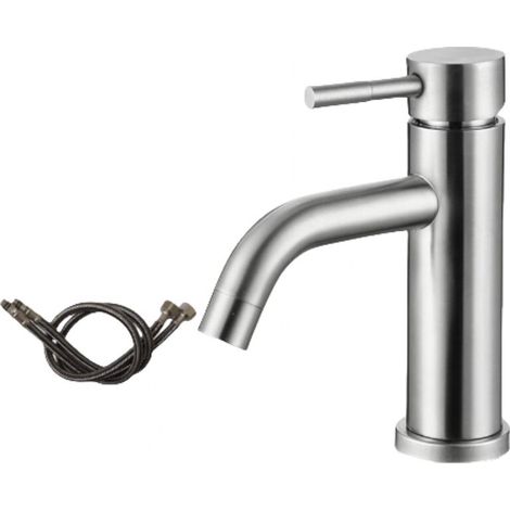 Robinet de lavabo de salle de bain moderne, mitigeur monocommande inox avec noyau céramique, deux tuyaux gratuits (1/4)