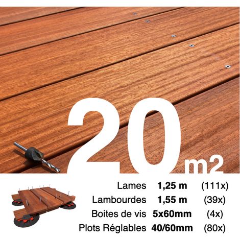 Kit complet terrasse bois exotique PADOUK pour 20 m² • Lames 1,25 m, lambourdes 1,55 m, plots réglables et visserie Inox • Livraison gratuite (1/4)