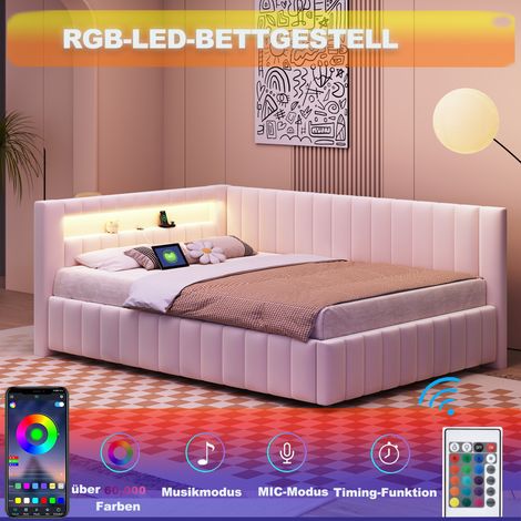Lit rembourré canapé-lit 140x200, rembourré en velours avec éclairage LED et port de charge USB, avec dossier, tête de lit et cadre de lit stable, beige (1/5)