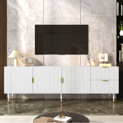 Mueble TV (170x35.5x55 cm), de tres puertas con cajones, huecos para cables, patas y tiradores dorados, MDF, blanco (1/5)