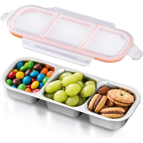 Portapranzo con scomparti, 3 scomparti, contenitore per alimenti ermetico, acciaio inox, adatto al forno e alla lavastoviglie, arancione, 600 ml (1/5)