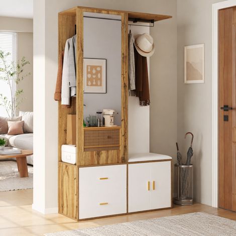 MEUBLIV Vestiaire d'entrée avec miroir blanc et décor bois, banc à chaussures et rangement (1/5)
