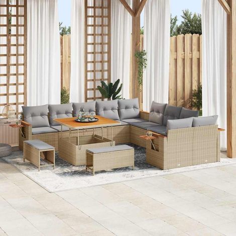 Gartensofa-set mit Kissen 17 pcs Beige und Hellgrau Poly-Rattan