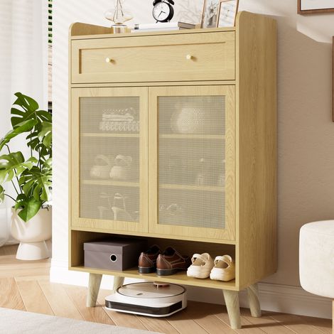Meuble à chaussures rangement 2 portes 4 étagères tiroir ouvert rattan entrée salon stable pratique design 80 x 105 x 35cm (1/4)