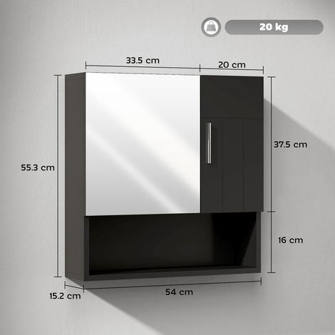Armoire de salle de bain en bois avec miroir (avec étagères réglables et étagères ouvertes), 54 x 15,2 x 55,3 cm, noire (1/5)