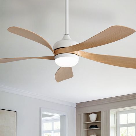 Ventilateur plafond 106 cm LED, moteur DC réversible, design moderne, intérieur maison, télécommande incluse, 5 pales ABS, blanc et naturel (1/5)