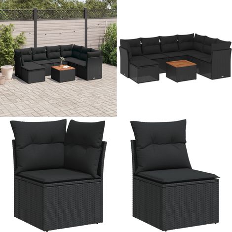Salon de jardin 8 pcs avec coussins noir résine tressée - Ensemble Salon De Jardin - Mobilier De Jardin - Canapé Extérieur - Set De Jardin - Chaise Lounge - Home & Living (1/5)