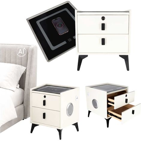 Ecru Nightstand with LED Lighting, USB Charging, Bluetooth Speaker (1/5)