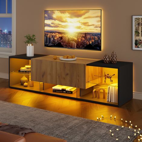 Mueble TV 160x40x42 cm negro y natural en tablero de partículas con LED, 2 cajones y estantes de vidrio (1/5)