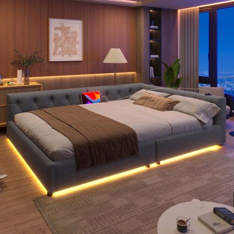 Lit Banquette 140x200 cm Canapé-lit en Lin Gris avec LED USB Type-C et Sommier - PANGIVO (1/5)