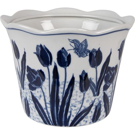Cache-pot décoratif en céramique blanc et bleu Ø 17 x 15 cm pot de fleurs design intérieur - PANGIVO (1/3)