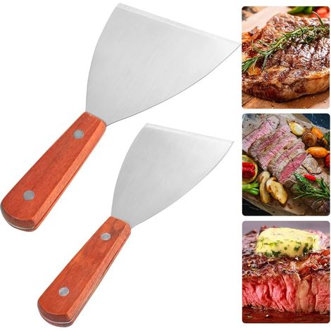 Spatule Plancha Inox - Lot de 2 - Acier et Bois - Bord Biseauté - Barbecue et Pizza - 20,5 cm