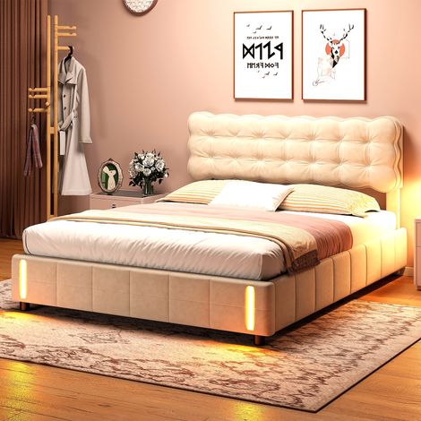 Erwachsenenbett 140x200 cm, 2 Personen, mit induktiver LED-Beleuchtung, Stauraum, Lattenrost aus Holz, Metallrahmen, gepolstertes Veloursbett - Beige