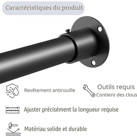 Tringle de penderie, 70-105cm Barre extensible pour placard suspension, Acier inoxydable avec douilles de fixation pour armoire et dressing, Noir, Diamètre 25mm (1/4)