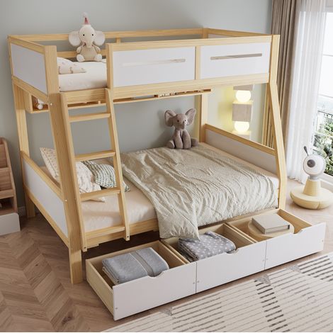 Lit superposé enfant 90 x 200 cm en bois blanc et marron avec tiroirs, bibliothèque et sécurité (1/5)