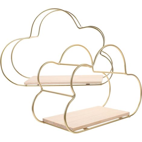 Lot de 2 Étagères Flottantes Murales de Nuage Bois et Métal Doré Taille Moyenne et Grosse Étagères Murales Décoratives pour Chambre Salon et Salle de Bain Rangement Compact (1/5)