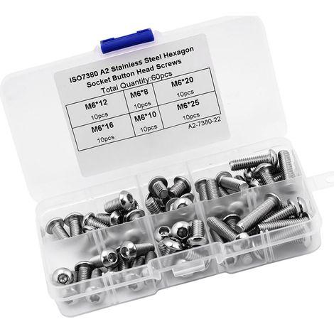 Lot de 60 vis à tête cylindrique creuse hexagonale M6 en acier inoxydable, avec boîte en plastique.