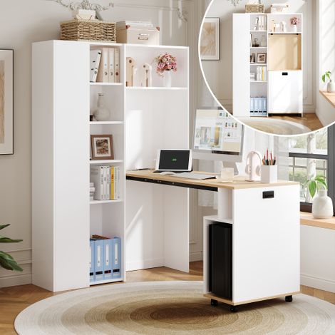Bureau pliable avec étagères – 2-en-1 : Bibliothèque et bureau, pliable, avec prise électrique et port USB, étagères réglables en hauteur, dispositif anti-basculement, bureau d'angle – Côté gauche