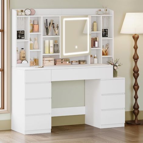 Coiffeuse blanche avec miroir et éclairage LED – 8 tiroirs et 11 étagères – Éclairage réglable pour maquillage – Matériaux MDF et verre – Dimensions 40x120x141cm (1/5)