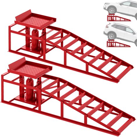 Rampe d'accès - rampe de levage voiture - HOMCOM - lot de 2 cric hydraulique 3T hauteur réglable - métal - 114x34,5x27cm - rouge (1/5)
