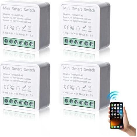 4 Pack 1 Way Smart Switch Module - Mini DIY Wi-Fi Switch - Smart Home Module - Compatible with Tuya, Alexa and Google Home App - Neutral Conductor Required (1/4)