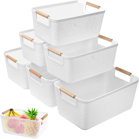 JSSEVN - Set of 6 storage boxes (3 large 35x22x16.2 cm + 3 medium 30x20.4x14.2 cm) – Ventilated storage boxes without lids with wooden handles (1/5)