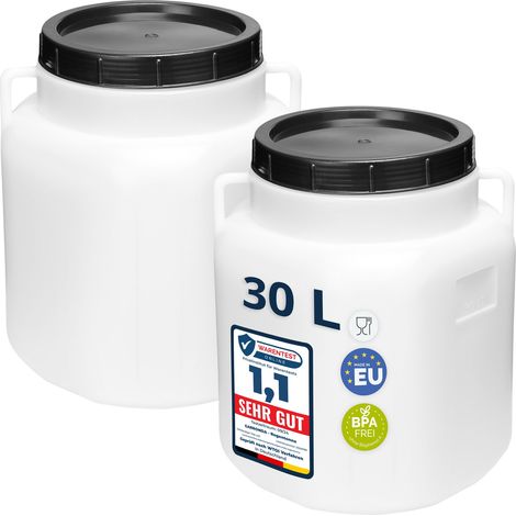 Garronda Lot de 2 fûts alimentaires carrés 30 L en HDPE sans BPA, à large ouverture avec couvercle, pour eau, aliments, choucroute et fermentation, blanc GD-0134