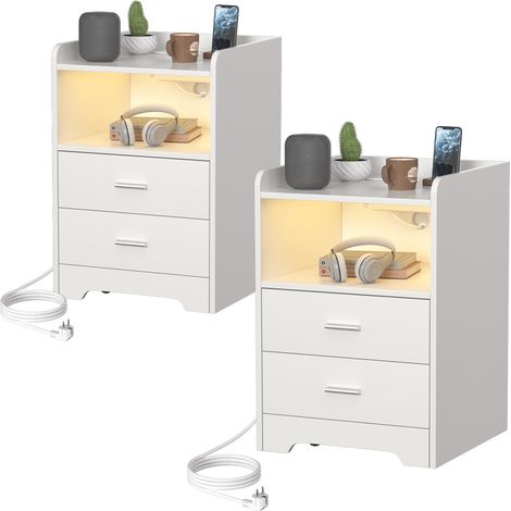 Jiubiaz 2er Set Nachttische auf 4 Rollen, RGB-Licht mit Musik- und Timerfunktion, 2 Schubladen, offenes Fach, 2 Steckdosen, USB, USB-C, Weiß (1/5)