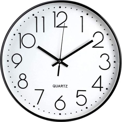 12-Zoll-moderne Wanduhr, leicht ablesbare, runde, batteriebetriebene, geräuschlose Quarz-Küchenuhr für Zuhause/Büro/Schule, Schwarz, Weiß