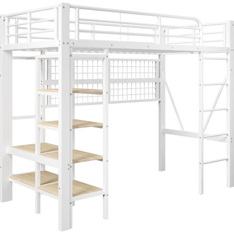 Letto a soppalco 90 x 200 cm in metallo bianco con LED e vani MODENUIT (1/5)