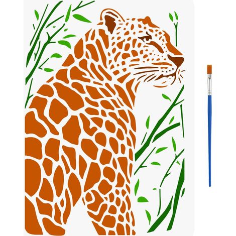 Pochoir à Motifs Léopards Avec Un Pinceau 29.7X21cm en Plastique Pet Branches D'Arbres Peinture Animaux et Plantes Dessin Thèmes Animaux Modèle pour Mur Tissu Sol (1/5)