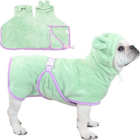 Peignoir pour chien et chat, absorbant, séchage rapide, capuche, col et sangle ajustables (vert, taille moyenne)