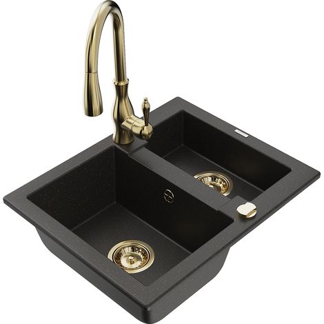 Mexen Carlos Granitspüle 1,5-Kammern mit Küchenarmatur Savita, schwarz/goldener Metallic - 6518-75-672601-50 (1/5)
