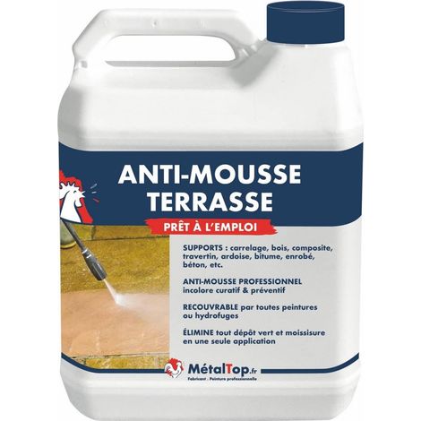 Metaltop – Antimousse terrasse 1 L – Pour béton et bitume – Protection intérieure et extérieure jusqu'à 12 ans – Prêt à l'emploi