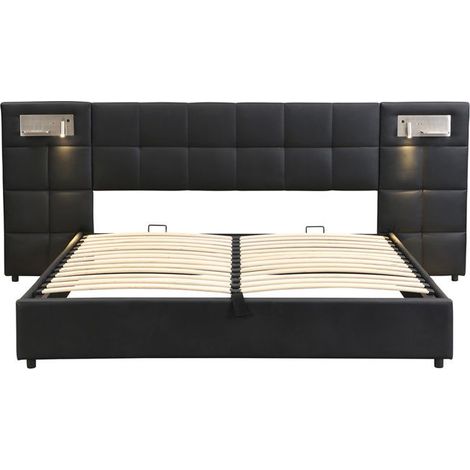 Lit rembourré 180x200 cm avec coffre, vérin hydraulique, port USB et recharge sans fil – PU noir