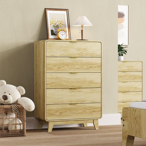 Commode 117cm, avec 5 tiroirs,campagnard, meubles de salon en bois - Naturel (1/5)