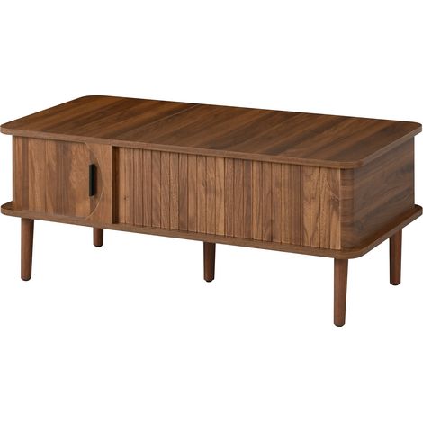 Mesita de café retró moderna con piano elevable, puerta corrediza, acabado nogal (1/5)