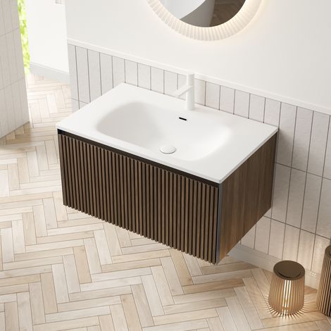Meuble vasque suspendu 80 cm avec vasque céramique blanche, tiroir, effet chêne brun (1/5)