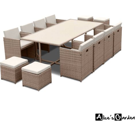 8 to 12-seater rattan cube table set with chairs, Vabo 12, Beige, 110x222x73 cm (1/5)