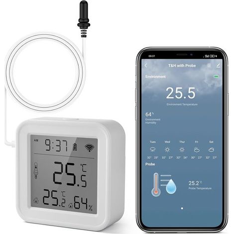 Termometro per interni ed esterni, igrometro, app Wi-Fi, allarme, esportazione dati, congelatore, acquario, termometro digitale, bianco, 5,6 x 5,6 cm (1/5)