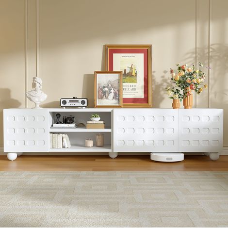 Meuble TV 200x40x44 cm en panneaux de bois blanc, avec rangement pour salon FloraGrace (1/5)