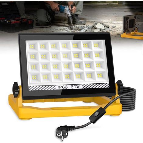 Projecteur Led Chantier 60W 6000K,Lampe De Chantier Éclairage 3 Modes,Étanche Ip66,Avec Prise Et Cordon De 4M,Portable Pour [CA9] (1/5)