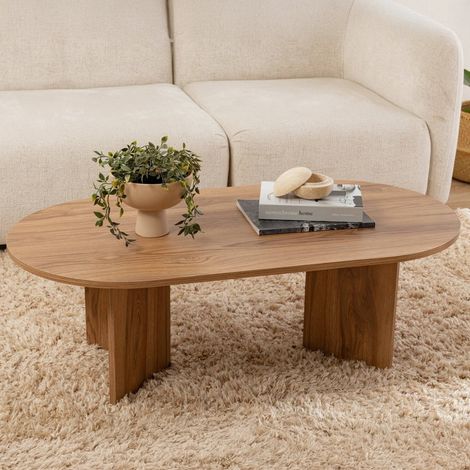 Table basse Jurian, porte-revues multifonction, forme ovale, 40x120x60h cm, noyer brun (1/5)