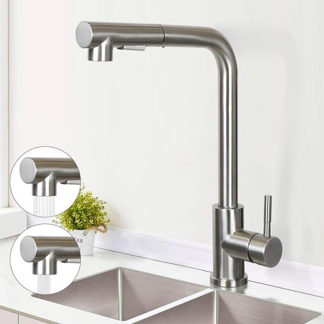 ZMH Robinet de cuisine Robinet de cuisine extractible - Mélangeur avec douchette Robinet d'évier rotatif 360° Robinet en acier inoxydable avec 2 types de jets Robinet de cuisine Nickel brossé (1/5)